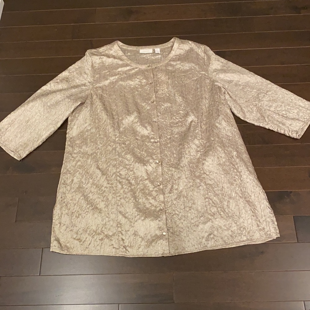 Chico’s NWT taupe w/woven gold button down jacket/tunic Chico’s size 3/US 16 - Picture 5 of 8